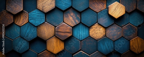 Abstract background with wooden hexagons in a geometric pattern showcasing rich textures and earthy tones photo