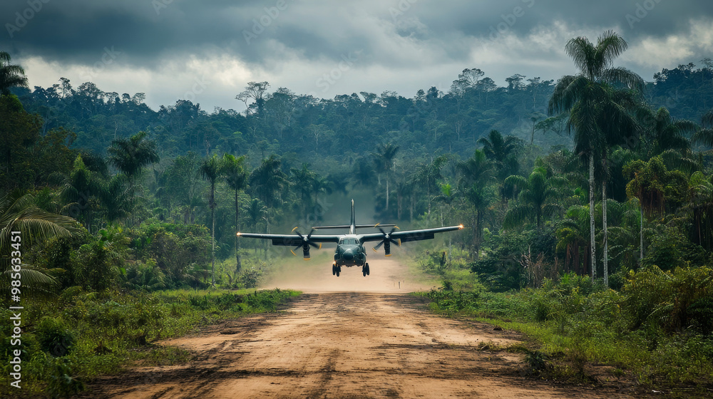 A rugged aircraft landing on a dirt runway in a remote jungle area, with supplies being unloaded for isolated communities A rugged aircraft landing on a dirt runway in a remote jungle area, with supplies being unloaded for isolated communities
