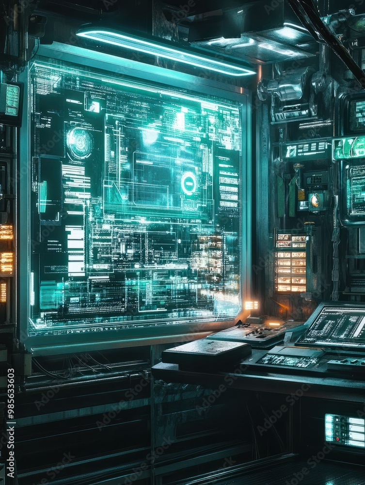 Fototapeta premium A visual depiction of an advanced digital interface system within a futuristic shop environment