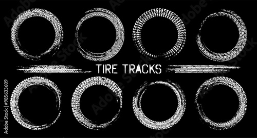 Grunge circle tire tracks, wheel braking marks. Truck, car or motorcycle tread pattern silhouettes. Auto race, motorsport, speed racing design element. Vector illustration