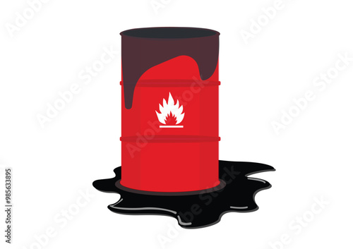 Spillage of oil or grease on unsealed and leaking drums. Safety Poster. Safety icon hazardous. Flammable.