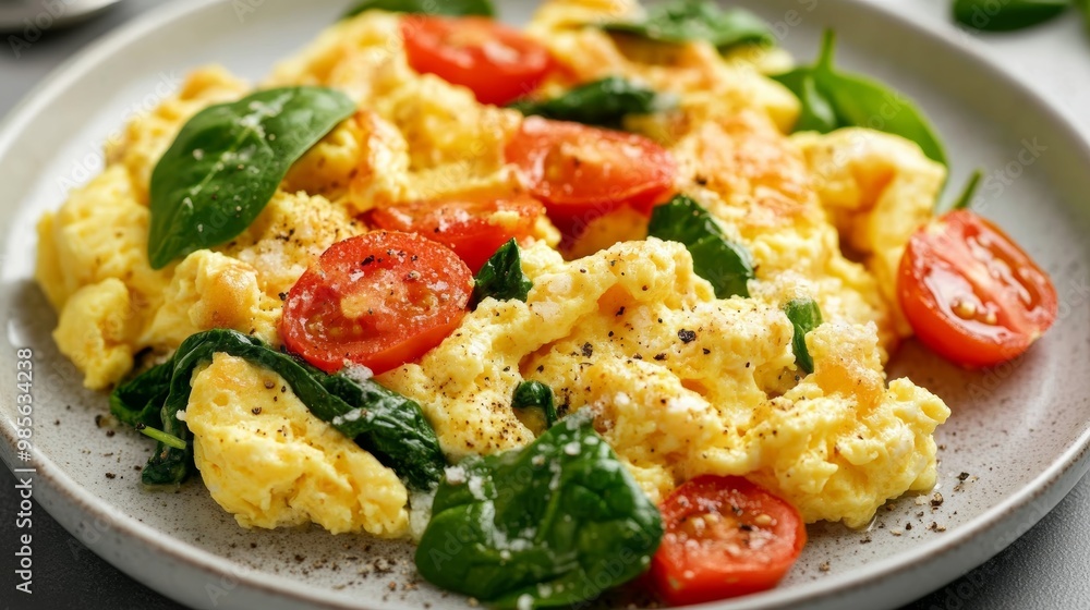 Scrambled Eggs with Cherry Tomatoes and Spinach. Scrambled Eggs with Cherry Tomatoes and Spinach.