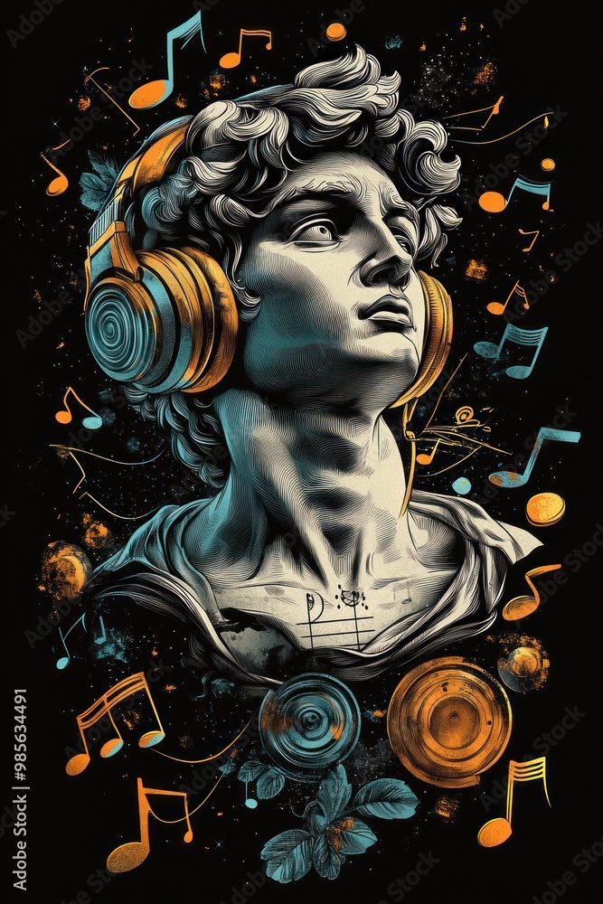 Renaissance Bust with Headphones and Music Notes, Artistic Fusion of Classical and Modern Design Renaissance Bust with Headphones and Music Notes, Artistic Fusion of Classical and Modern Design