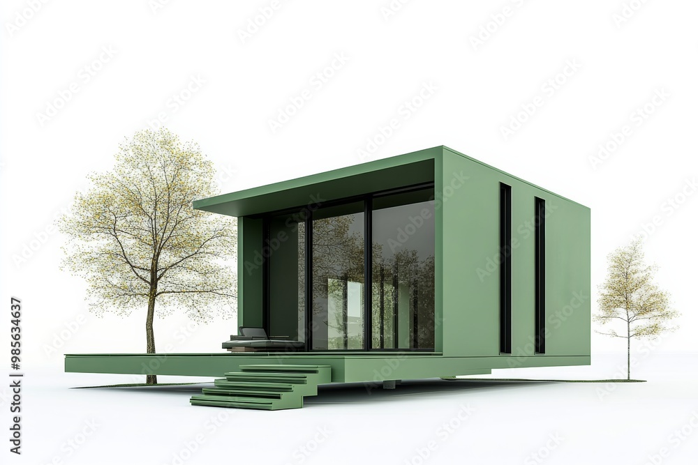 Compact insulated green building, passive design principles, minimal environmental impact, on solid white background, single object., Compact insulated green building, passive design principles, minimal environmental impact, on solid white background, single object.,