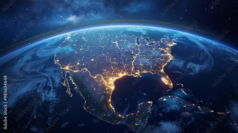 Satellite View of Earth Globe from Space City Lights by Night Satellite View of Earth Globe from Space City Lights by Night