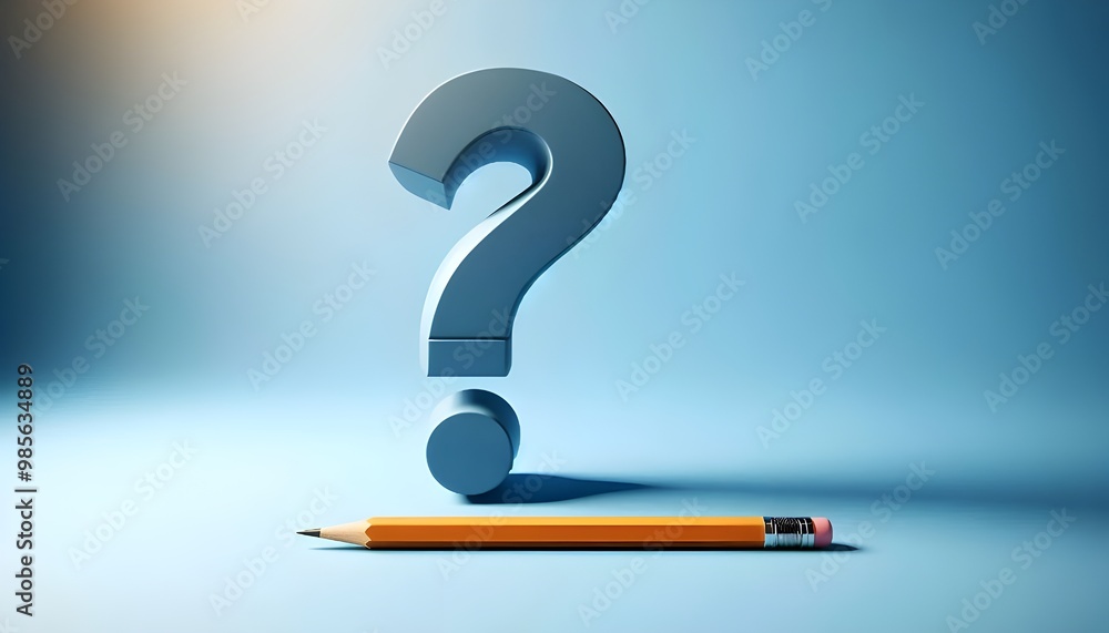 Abstract pencil question mark on blue background with wide mock up place. Answer and education concept. 3D Rendering. Abstract pencil question mark on blue background with wide mock up place. Answer and education concept. 3D Rendering.