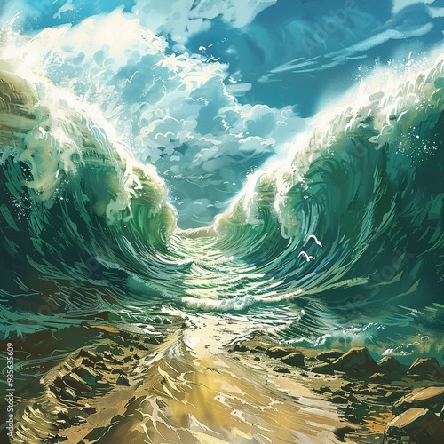 Ocean opening in biblical event of Moses. Ocean open