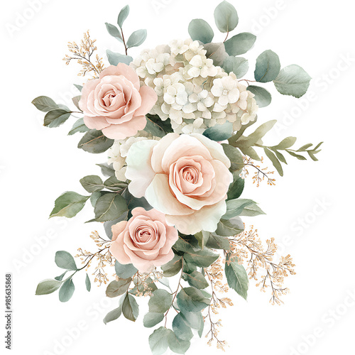 Watercolor floral arrangement with soft peach roses, white hydrangeas, and green eucalyptus leaves, elegant botanical bouquet