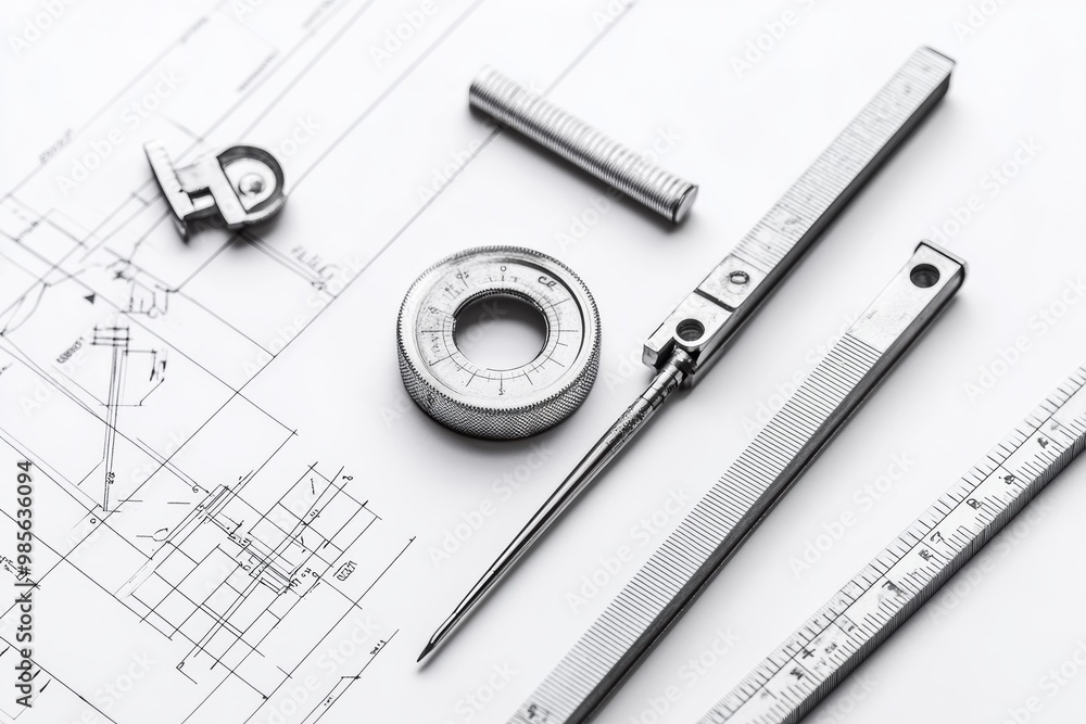 Engineering blueprint with precision tools including calipers and rulers neatly arranged on a white background Engineering blueprint with precision tools including calipers and rulers neatly arranged on a white background