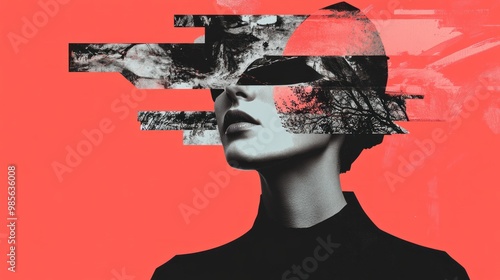Abstract portrait of a woman with black and white image of a forest over her face against a red background.