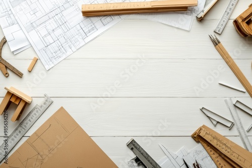 Engineer desk with architectural plans, rulers, and drafting tools, arranged meticulously, isolated on a white background photo