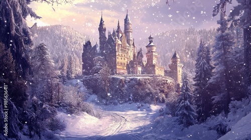 Majestic fairytale castle perched on a snow-covered mountaintop, surrounded by a wintry forest with a snow-covered path leading towards it.