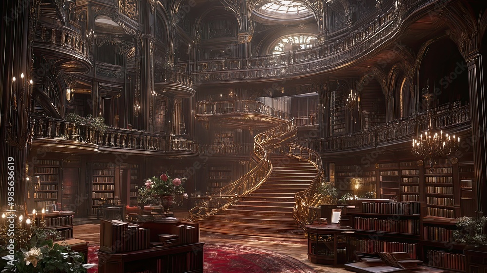 Obraz premium A grand, ornate library with a sweeping staircase and rows of bookshelves.