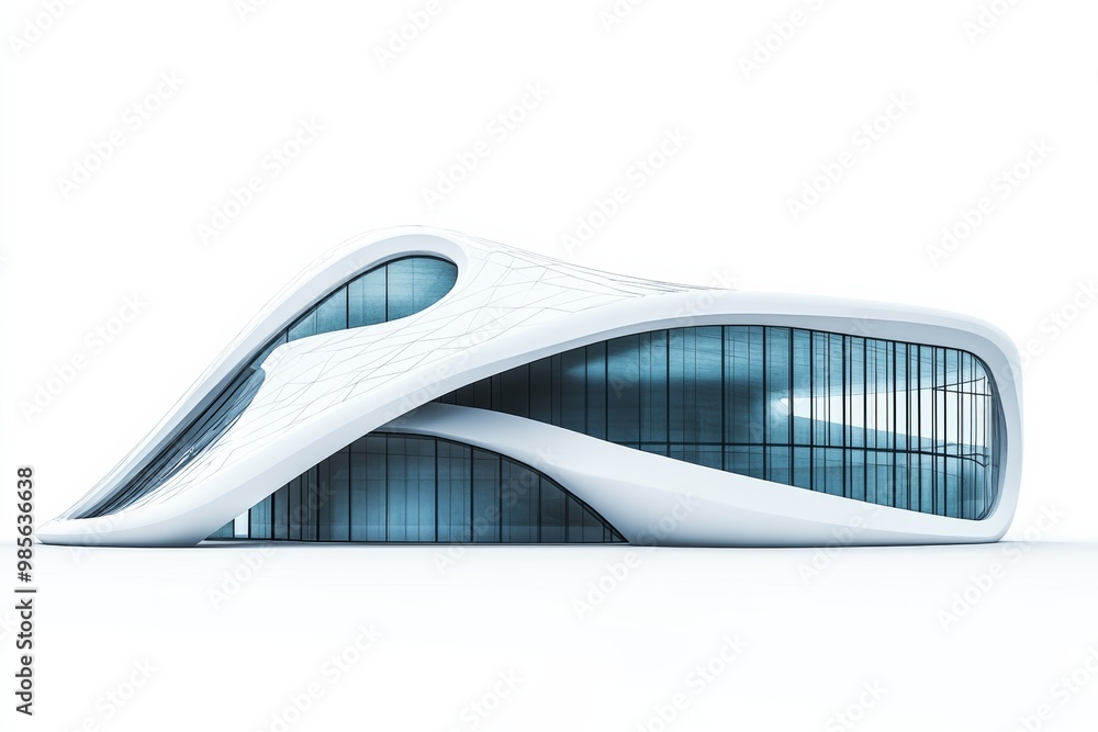 Futuristic building design with smooth surfaces and large windows, isolated on a white background Futuristic building design with smooth surfaces and large windows, isolated on a white background