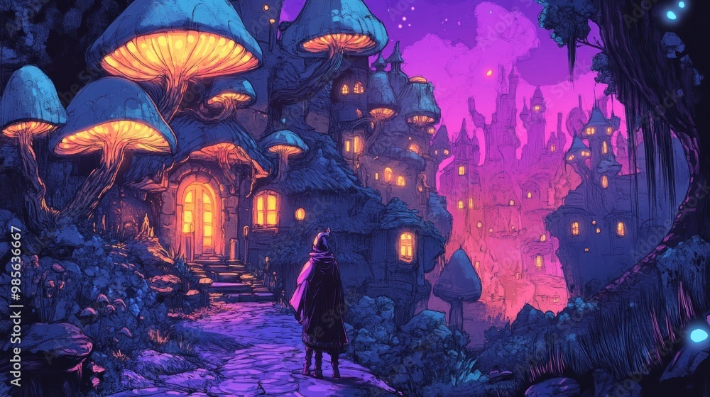A mysterious figure stands at the entrance of a mushroom-shaped house, illuminated by a warm glow, with a grand castle in the distance. A mysterious figure stands at the entrance of a mushroom-shaped house, illuminated by a warm glow, with a grand castle in the distance.