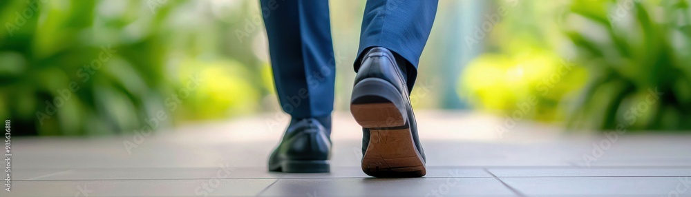 a man in formal shoes walking through a modern pathway surrounded by lush greenery. a man in formal shoes walking through a modern pathway surrounded by lush greenery.