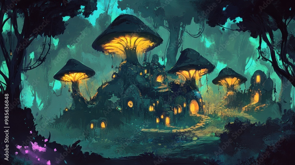 Obraz premium Fantasy mushroom house with glowing lights in a dark forest.