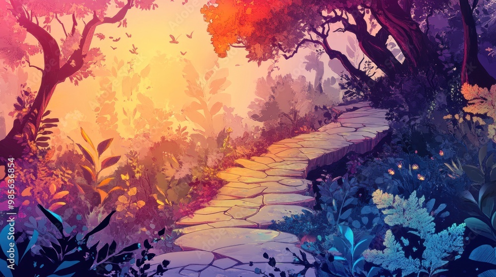 A mystical path through a vibrant forest with colorful trees and foliage.