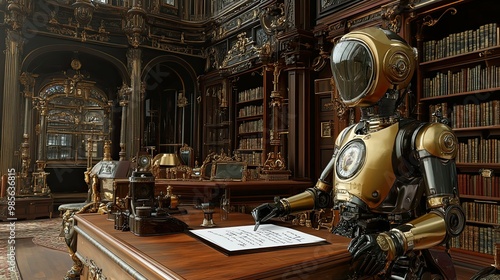 A Gilded, Steampunk Robot Writes in a Grand Library