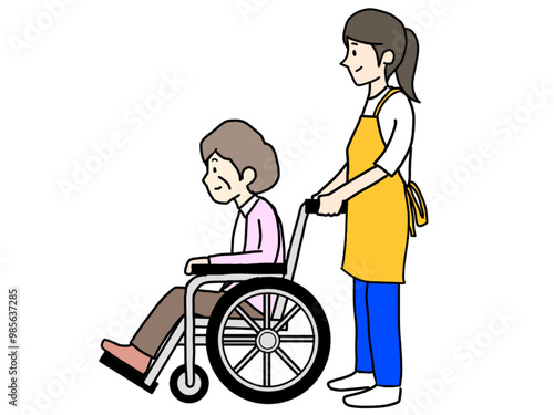 車椅子を押す女性のイラスト