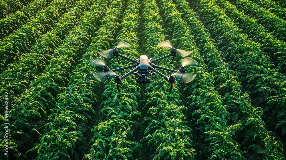 Fototapeta premium Drone monitoring crop health using thermal imaging in an agricultural field, precision farming, food sustainability