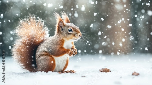 Cute red squirrel in the falling snow, animals in winter. High quality photo