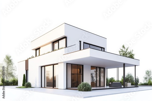 Minimalist single-family house with clean lines and a flat roof isolated on a white background