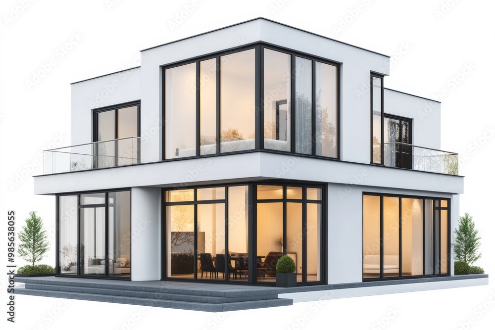 Modern minimalist house exterior with clean lines and large windows, isolated on a white background Modern minimalist house exterior with clean lines and large windows, isolated on a white background