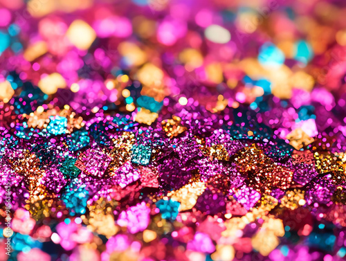 Colorful glitter particles on a surface, sparkling texture, vibrant hues. photo