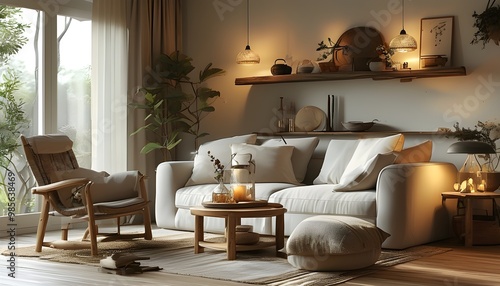 Cozy living room filled with comfortable furniture and soft lighting, perfect for family gatherings and relaxation after a long day photo