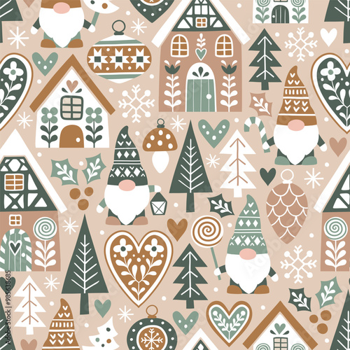 Seamless vector pattern with cute nordic Christmas gnomes and gingerbread houses and. Hand drawn Christmas gingerbread village. EPS 10 vector file. Perfect for textile, wallpaper or print design.