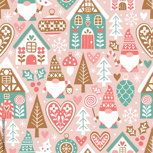 Seamless vector pattern with cute nordic Christmas gnomes and gingerbread houses and. Hand drawn Christmas gingerbread village. EPS 10 vector file. Perfect for textile, wallpaper or print design.