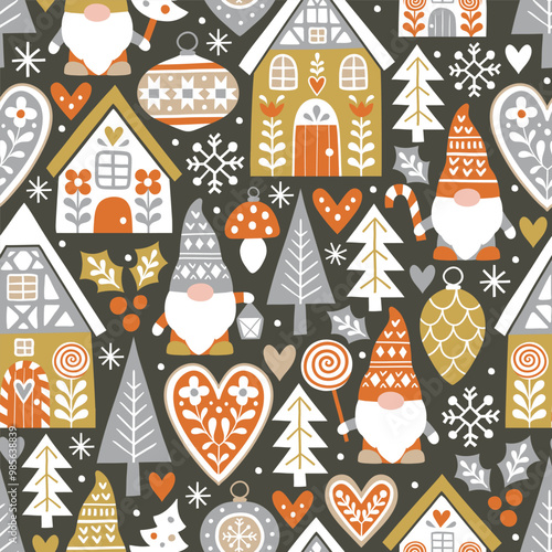 Seamless vector pattern with cute nordic Christmas gnomes and gingerbread houses and. Hand drawn Christmas gingerbread village. EPS 10 vector file. Perfect for textile, wallpaper or print design.