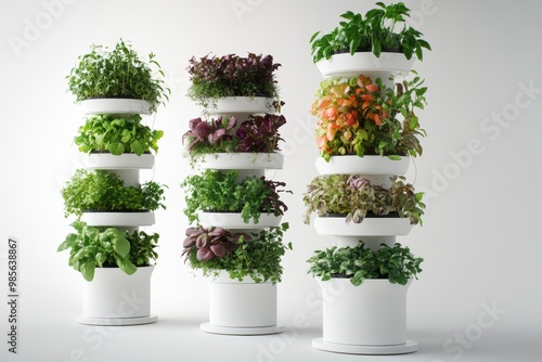 Selfwatering vertical garden system, innovative and sustainable, spaceefficient design, on solid white background, single object., photo