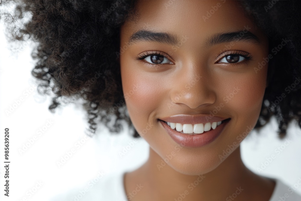 Close up portrait of smiling African American woman with curly hair. Close up portrait of smiling African American woman with curly hair.