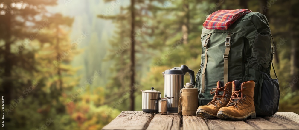Hiking Backpack and Boots with Copy Space for Text Hiking Backpack and Boots with Copy Space for Text