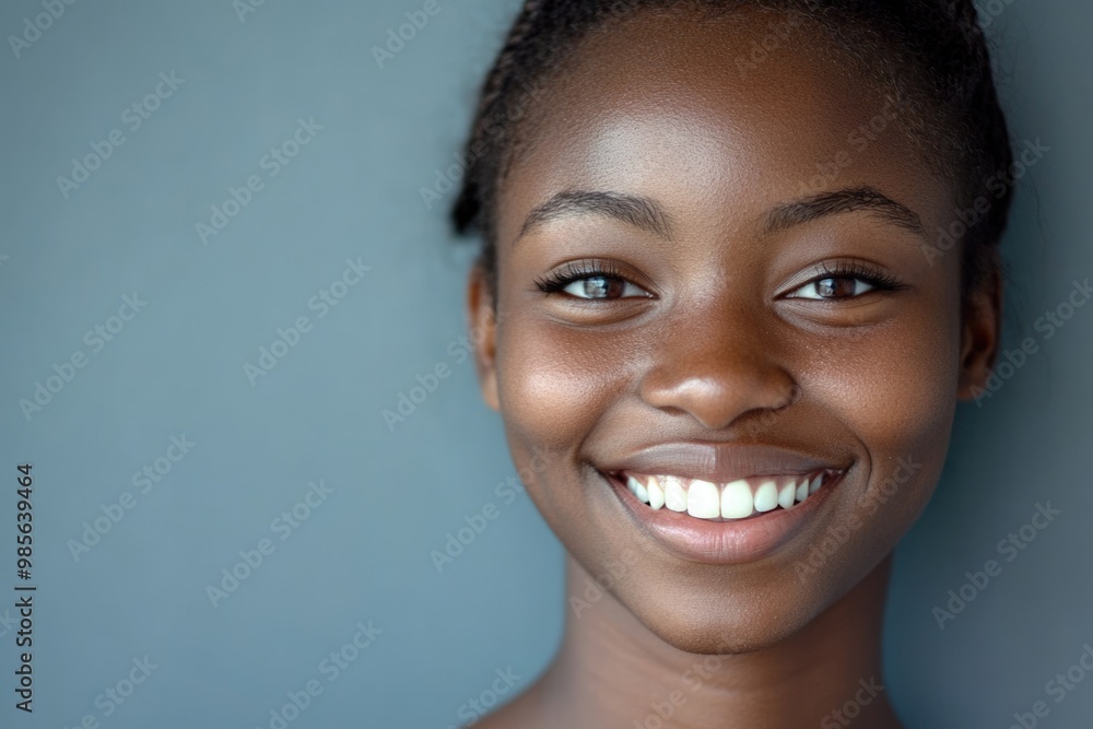 Close up portrait of young african woman smiling against gray wall Close up portrait of young african woman smiling against gray wall