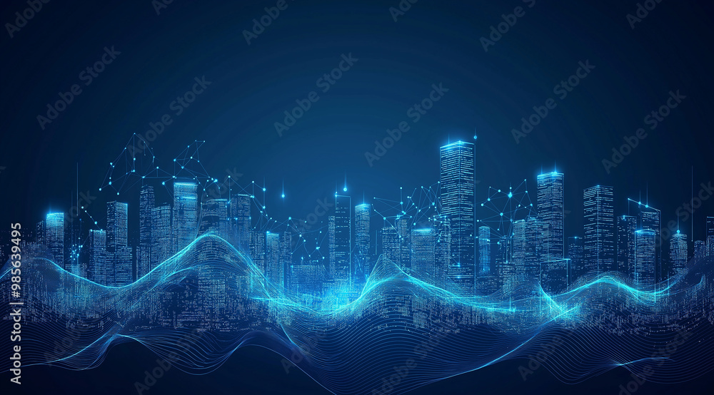 Blue technology line curve city background Blue technology line curve city background