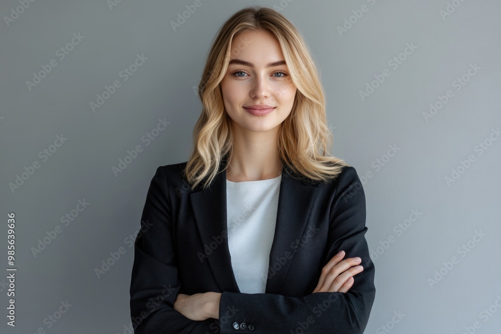 Confident young woman in blazer poses for camera. Confident young woman in blazer poses for camera.