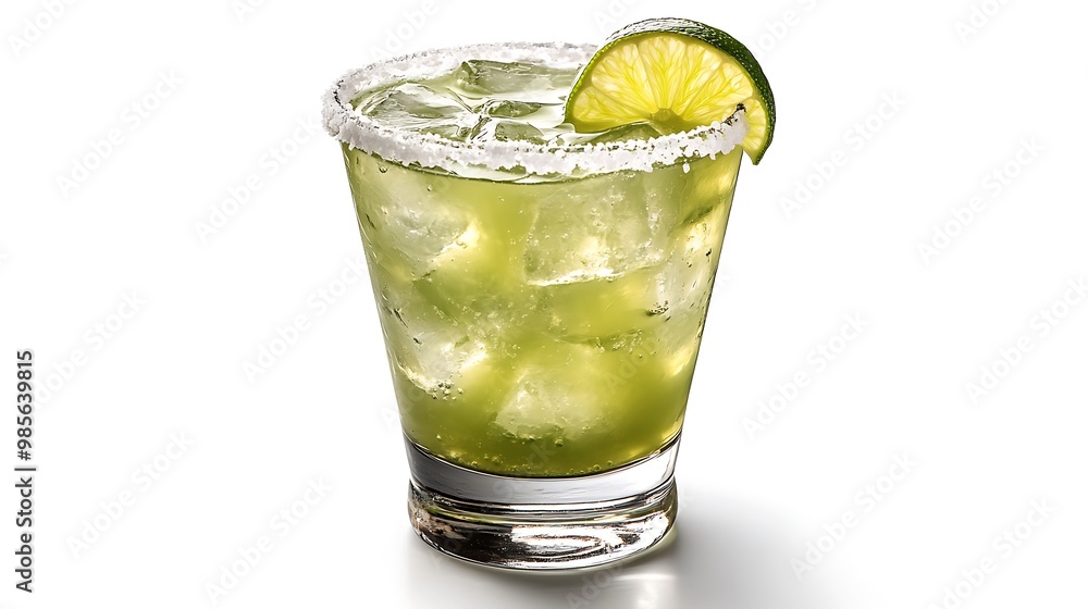 A chilled Margarita cocktail in a salt-rimmed glass, bright green liquid with a lime wedge garnish, set against a clean white background, sharp and minimalistic lighting. --ar 16:9 --no logo A chilled Margarita cocktail in a salt-rimmed glass, bright green liquid with a lime wedge garnish, set against a clean white background, sharp and minimalistic lighting. --ar 16:9 --no logo
