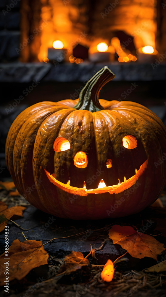 Fototapeta premium halloween, pumpkin lantern, pumpkin in the fireplace, ai generated, light