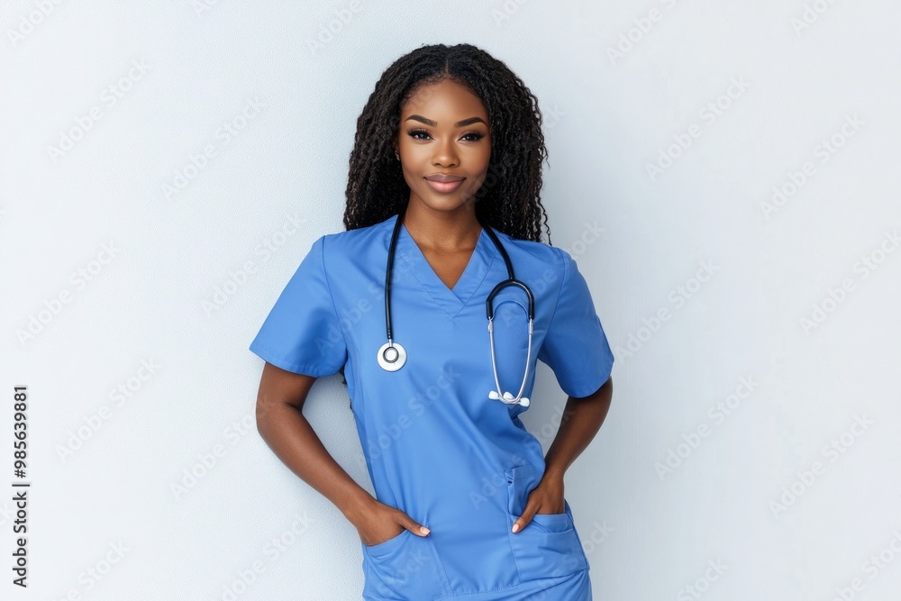 Female black doctor in blue uniform with stethoscope poses. Female black doctor in blue uniform with stethoscope poses.