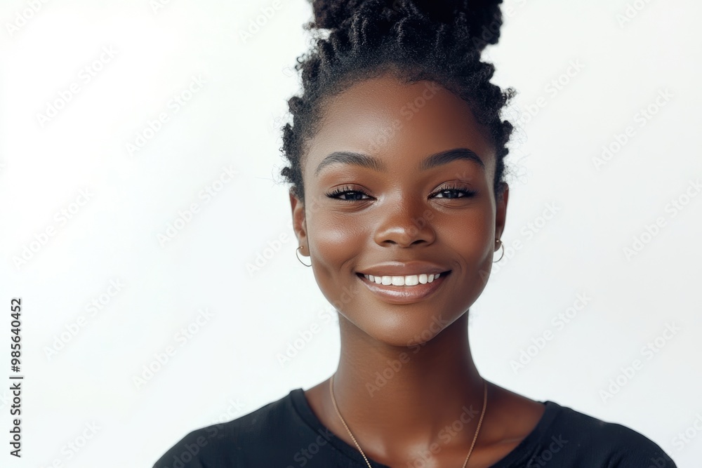 Portrait of attractive young black woman smiling against isolated white background Portrait of attractive young black woman smiling against isolated white background