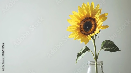 A single sunflower in a glass bottle against a white background.