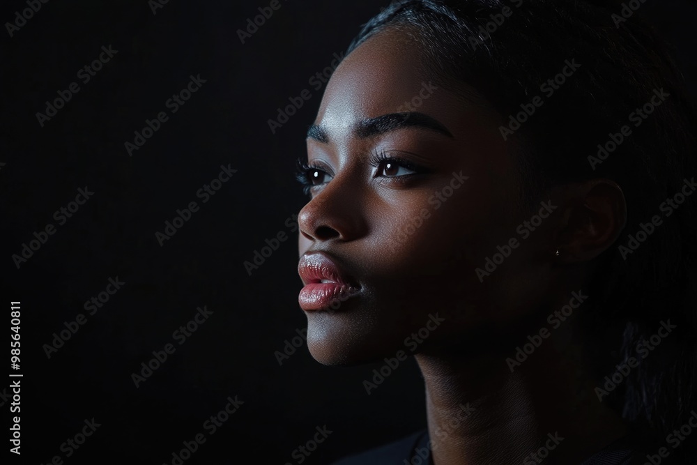 Young black woman showing emotions in dark portrait. Young black woman showing emotions in dark portrait.