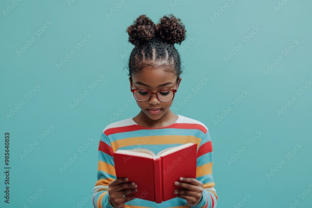African American girl 12 13 in striped clothes reading book African American girl 12 13 in striped clothes reading book