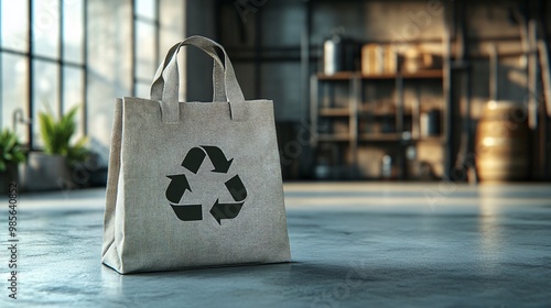 A reusable cotton shopping bag featuring a recycle symbol, neatly folded and isolated on a white surface. Photorealistic image emphasizing the natural fabric texture. Large space for text in center