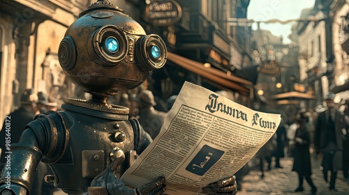 A Steampunk Robot Reading a Newspaper on a Cobblestone Street