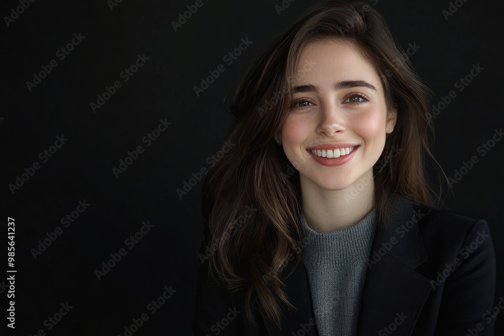 Young woman in blazer and sweater looks delighted on black background Young woman in blazer and sweater looks delighted on black background