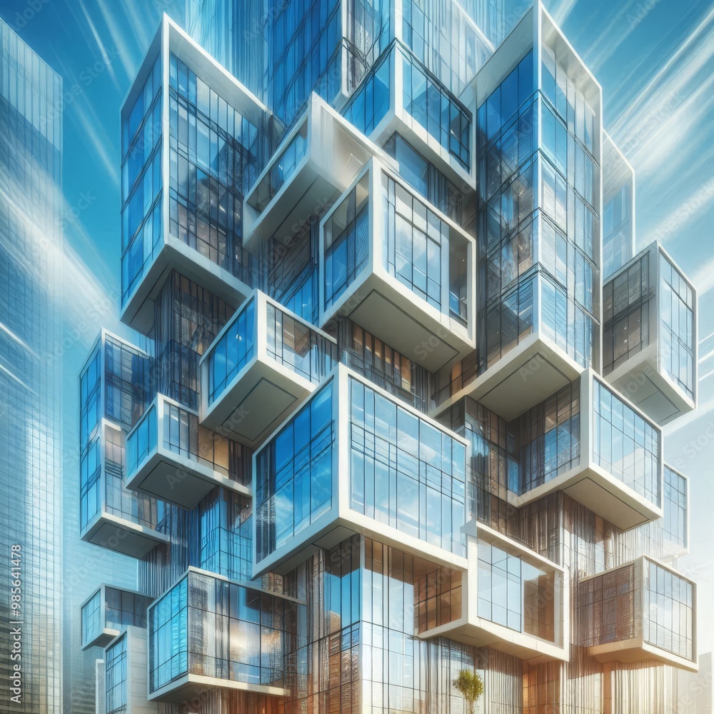 A stunning architectural high-rise featuring a geometric arrangement of glass cubes, creating a visually complex and futuristic design. The reflective glass facade adds depth and movement to the A stunning architectural high-rise featuring a geometric arrangement of glass cubes, creating a visually complex and futuristic design. The reflective glass facade adds depth and movement to the